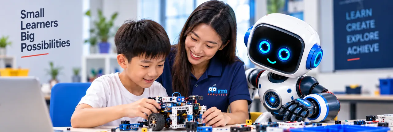 A Meta Robotics coach helps a child build a robot alongside Orion