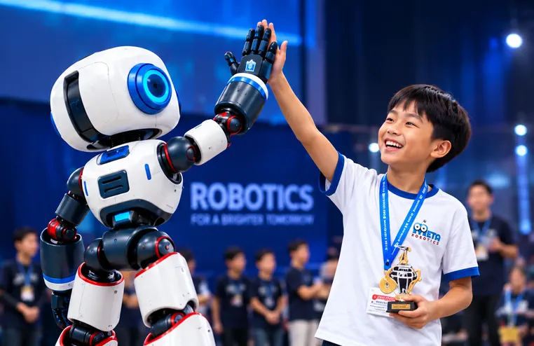 A young competitor high-fives Orion while holding a robotics competition trophy