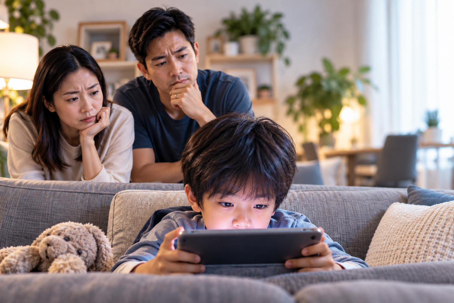 Parents concerned as their child uses a tablet